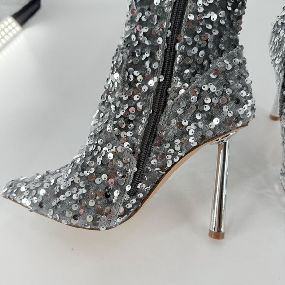 Steve Madden Silver Sequin Over-The-Knee Pointed Toe Stiletto Heel Boots Size 7 - Picture 4 of 15